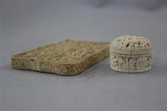 A Chinese export ivory card case and a similar circular box containing mother of pearl counters, 19th century, 11cm. and 4cm., slight d